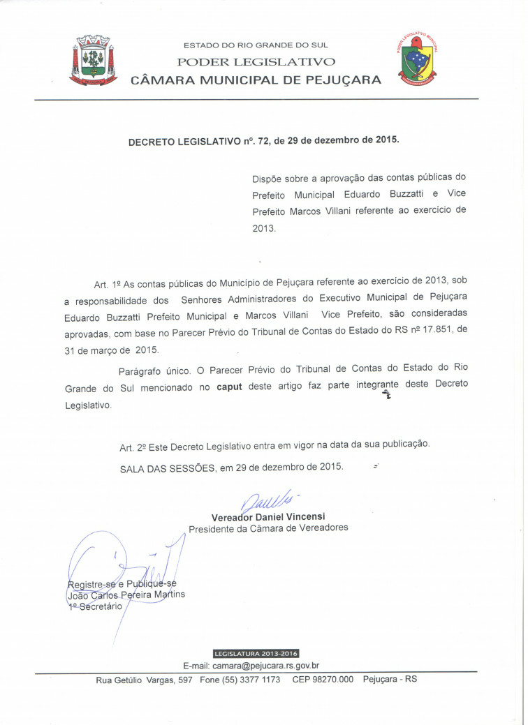 Contas do Governo do Exercício de 2013 foram aprovadas