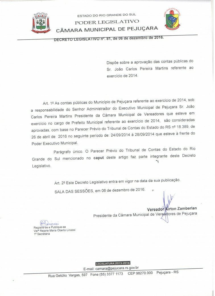 Contas de Governo do exercício de 2014 foram aprovadas